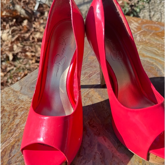 Jessica Simpson coral patent leather sling back peep toe cork heel platforms - Picture 5 of 8